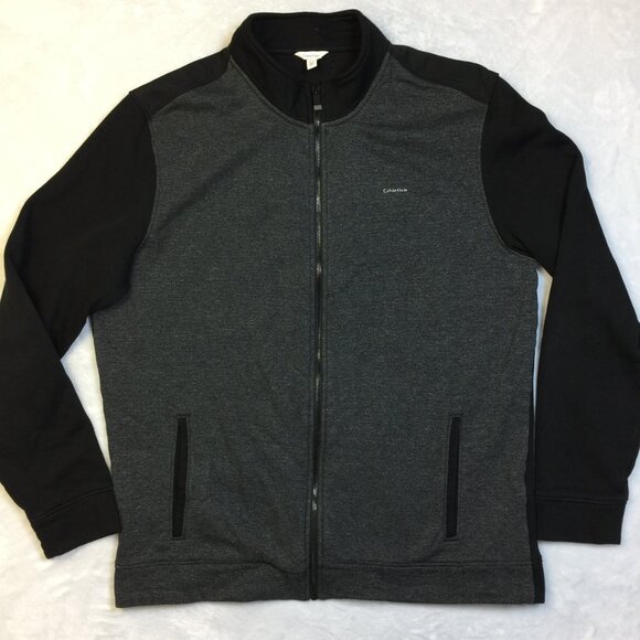 Calvin Klein Full Zip Jacket Mens XL Gray Black Knit Mock Collar Pockets Outdoor - Picture 1 of 14